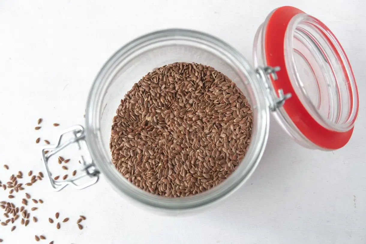 close up of flax seeds in a jar