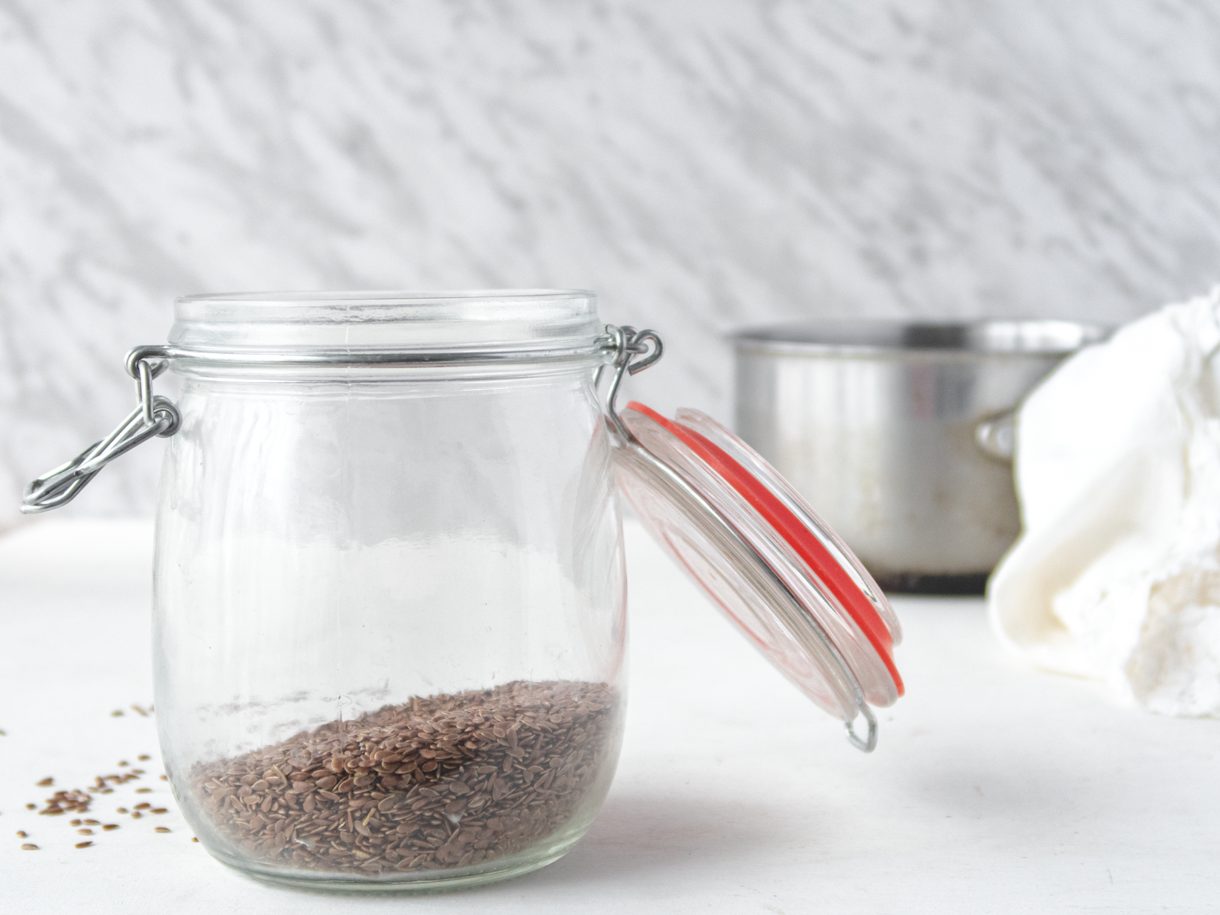 side view of a jar of flax seeds