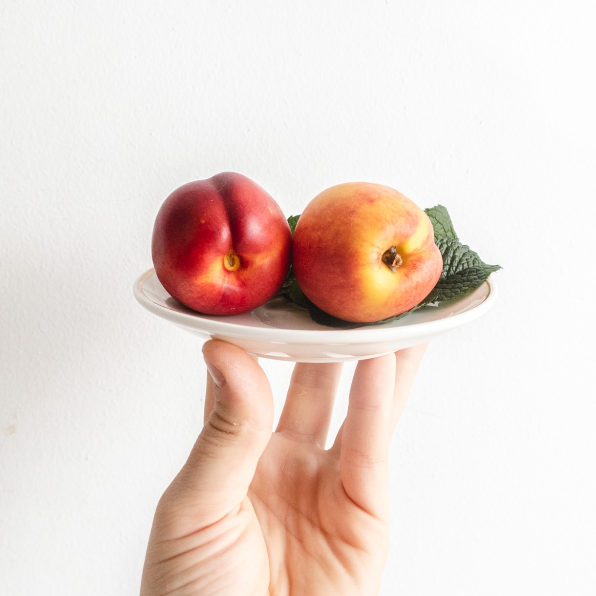 2 nectarines and some mint leaves held up on a plate