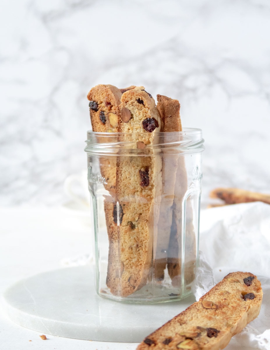 biscotti upright in a glass jar