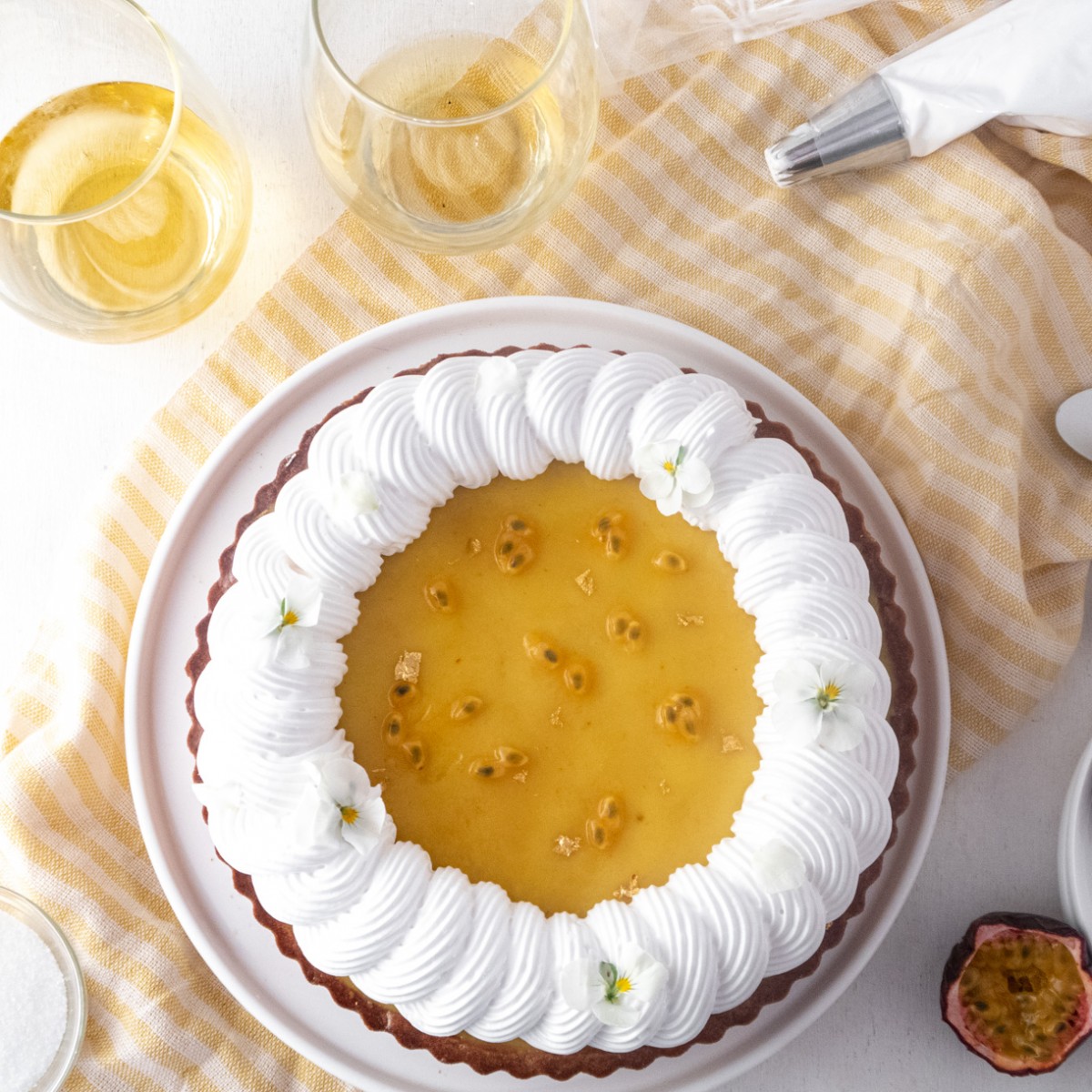 Passionfruit and meringue tart viewed form the top.