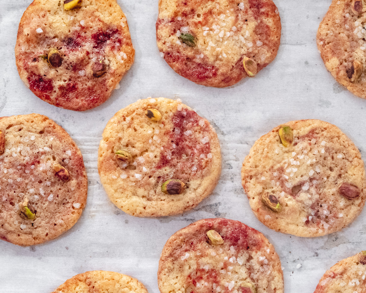 Bird's eye view of cookies on a baking tray.