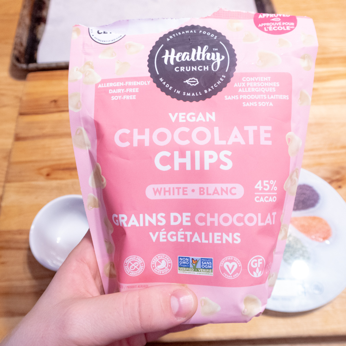 A bag of Healthy Crunch vegan white chocolate chips.
