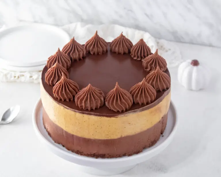 Easy Vegan NoBake Pumpkin + Chocolate Hazelnut Mousse Cake