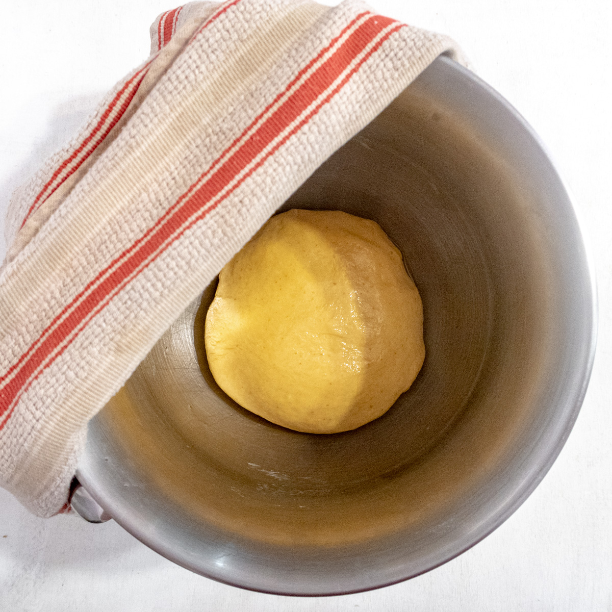 Pumpkin dough ball, oiled and resting the bowl of a stand mixer.